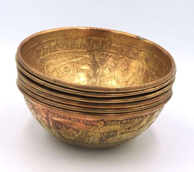 Set of 6 Antique Etched Brass Bowls