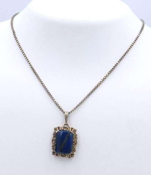 Vintage 925 Sterling Silver Lapis Pendant on Italian Box Chain Necklace
