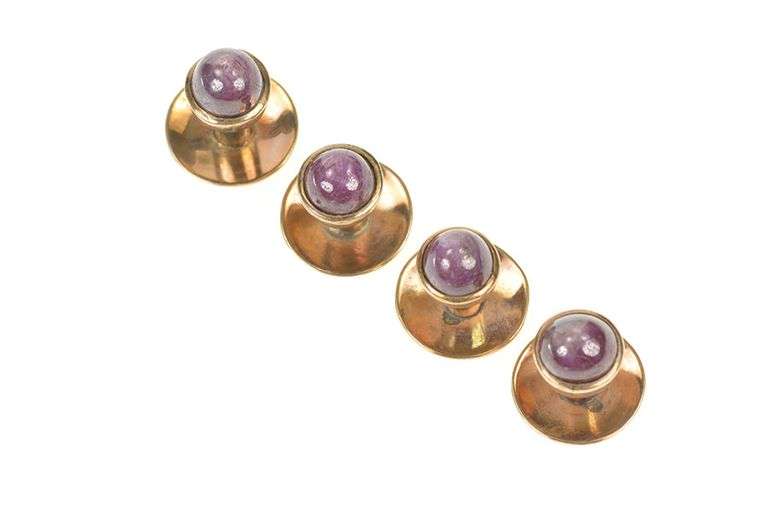 14K Yellow Gold Men's Natural Star Ruby Cabochon Tuxedo Shirt Studs