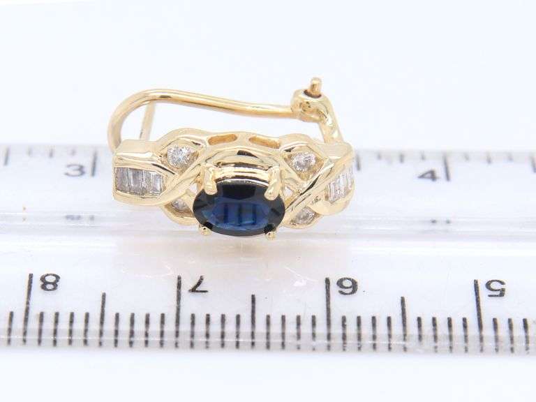 Charming Yellow Gold oval Blue Sapphire and Diamond Earrings