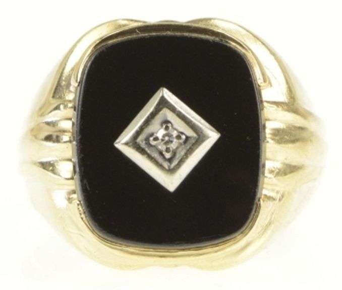 10K Yellow Gold Black Onyx Diamond Overlay Squared Statement Ring