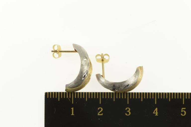 10K Yellow Gold Diamond Cut Two Tone Curved Statement Earrings