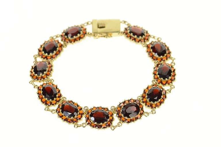 10K Yellow Gold Oval Garnet Halo Encrusted Statement Bracelet