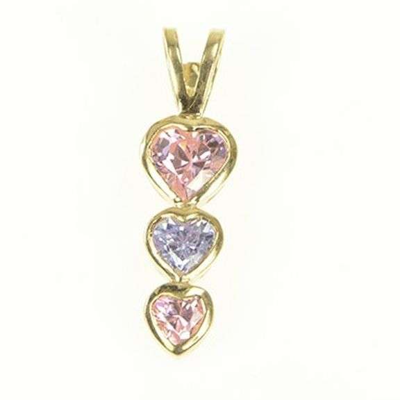 10K Yellow Gold Tiered Heart Pink & Purple Cubic Zirconia Pendant