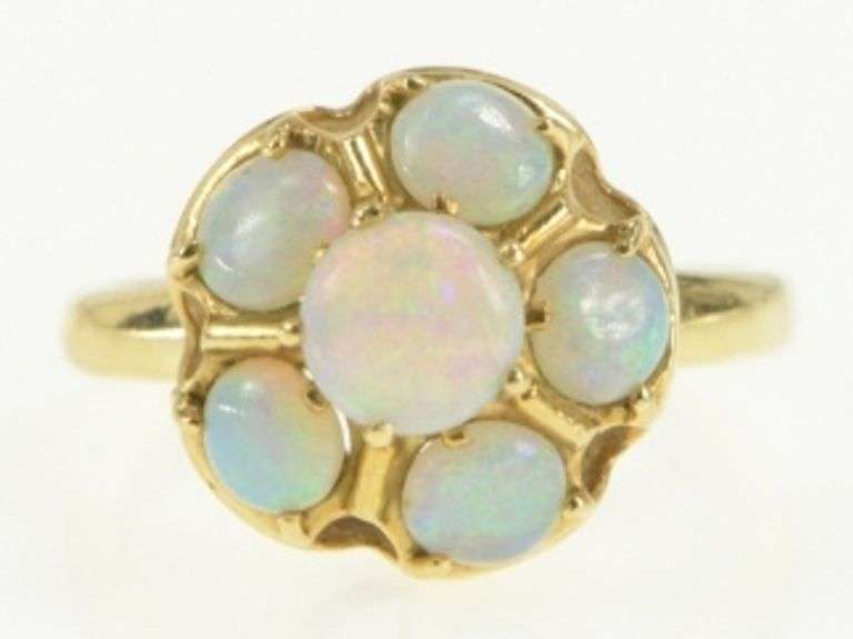 14K Yellow Gold Natural Opal Flower Cluster Cocktail Ring
