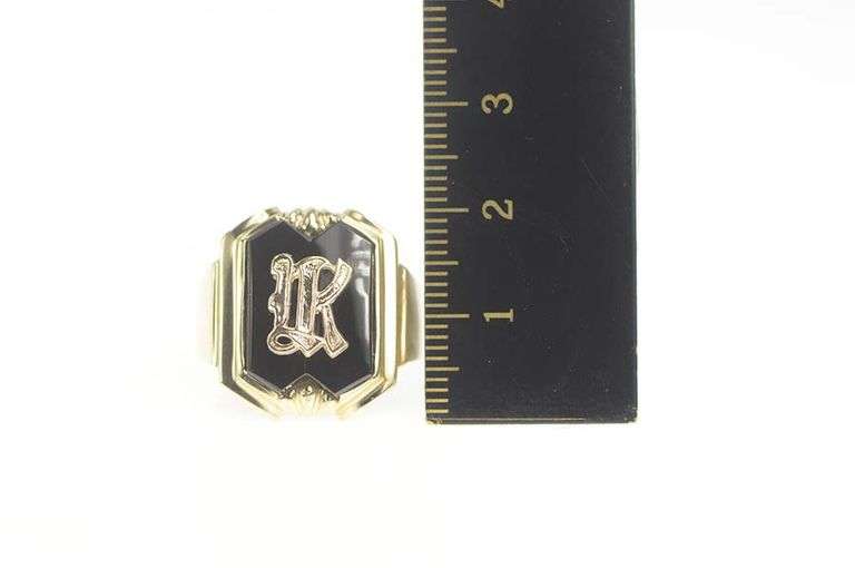 10K Yellow Gold Retro Black Onyx K Monogram Squared Signet Ring