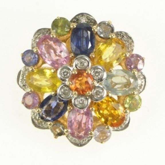 14K Yellow Gold Round Natural Sapphire Diamond Flower Cluster Pendant