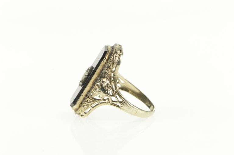 14K White Gold Art Deco Black Onyx Diamond Filigree Ring