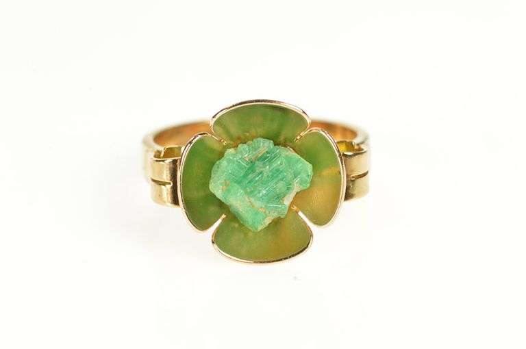 14K Yellow Gold Retro Ornate Raw Emerald Floral Motif Statement Ring
