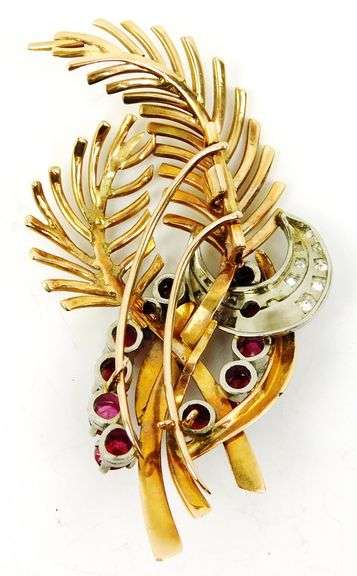 Incredible 18K Gold Rubies & Diamonds Early Fur Clip