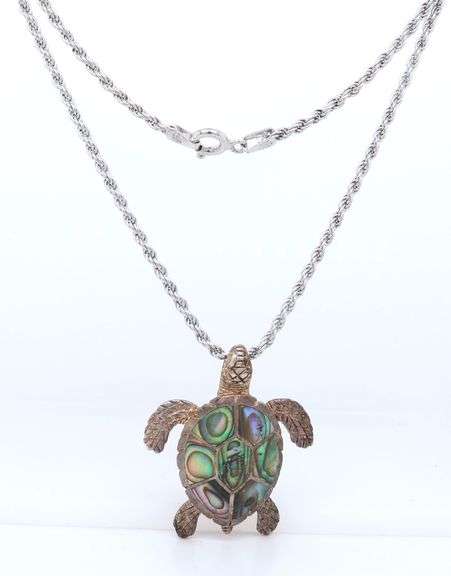 Vintage 925 Sterling Silver Abalone Turtle Pendant on Italian Chain Necklace