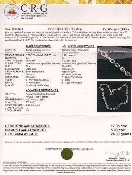 Amazing New European 15.15CTW Blue Sapphire, 1.90CTW Ruby & 5.00CTW Diamond Necklace in Gold Plated Sterling Silver