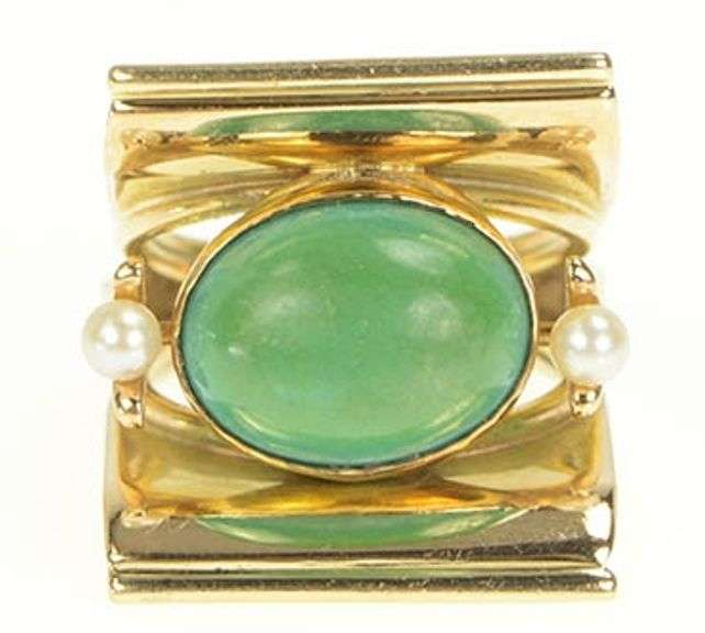 18K Yellow Gold 1940's Turquoise Pearl Geometric Squared Ring