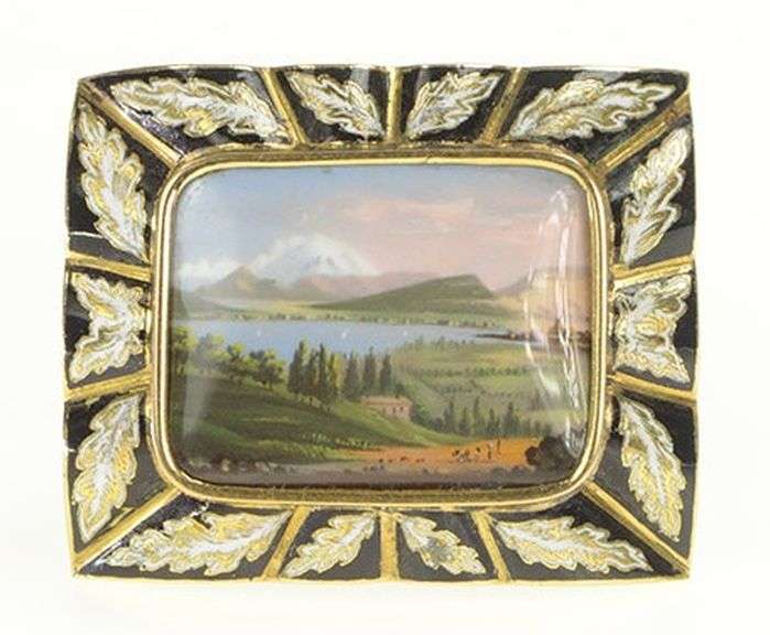14K Yellow Gold Victorian Mount Valley Hand Painted Enamel Pin/Brooch