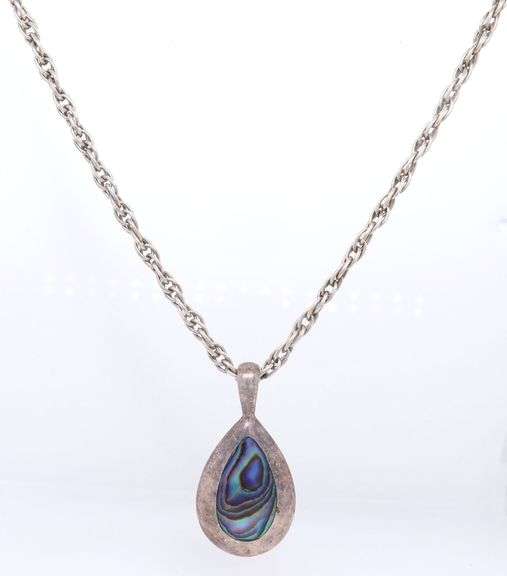 Vintage 925 Sterling Silver Abalone Pendant on Rope Chain Necklace