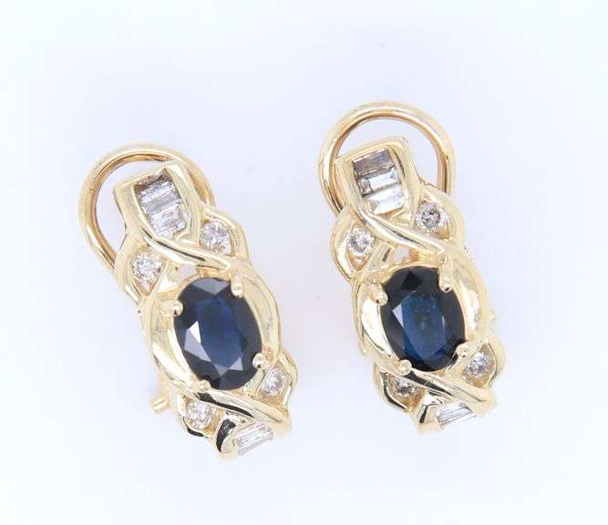 Charming Yellow Gold oval Blue Sapphire and Diamond Earrings