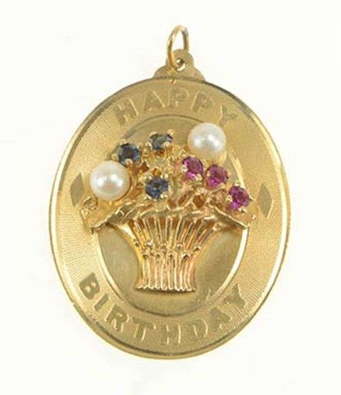 14K Yellow Gold Retro Birthday Pearl Syn. Ruby Sapphire Charm/Pendant