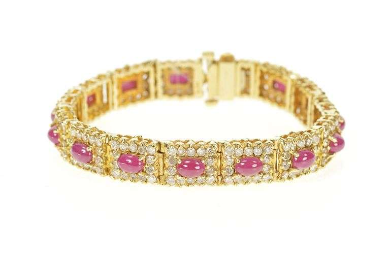 14K Yellow Gold 13.80 Ctw Ruby Cabochon Diamond Halo Tennis Bracelet