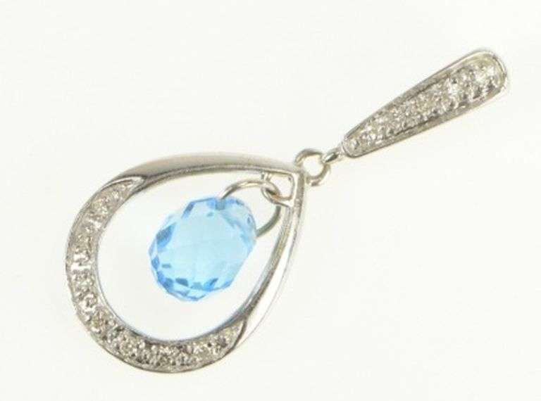 14K White Gold Pear Blue Topaz Diamond Accent Drop Pendant