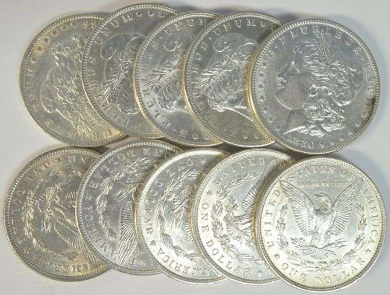 10 Diff. Flashy-white AU/BU Morgan Silver Dollars 1880-1897