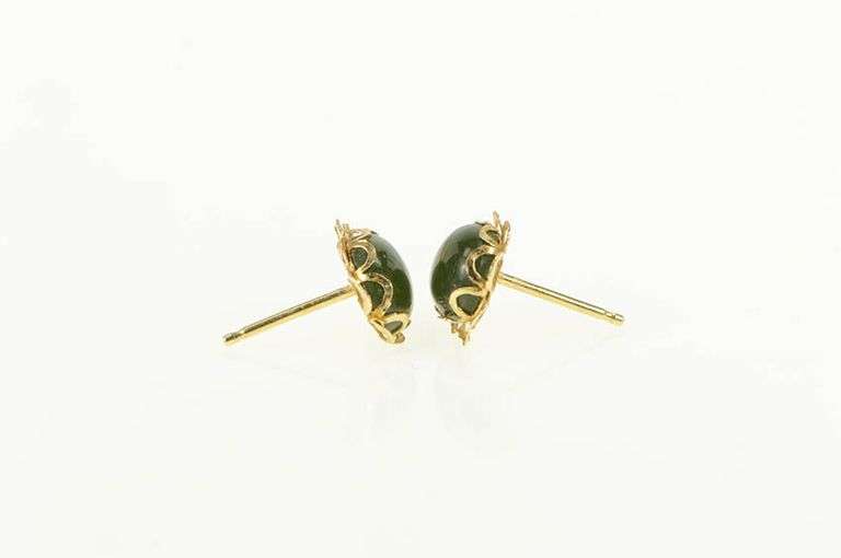14K Yellow Gold Oval Nephrite Cabochon Retro Stud Earrings