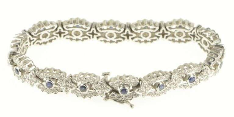 14K White Gold 4.10 Ctw Sapphire Diamond Scalloped Tennis Bracelet