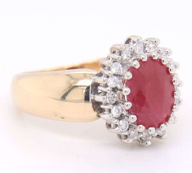 Attractive Yellow Gold Lead Treated Ruby and Diamond accent Ring
