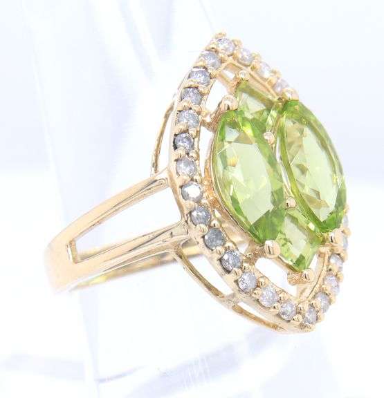 Attractive Yellow Gold 3ctw Marquise and Square Cut Peridot and Diamond accent Halo Ring