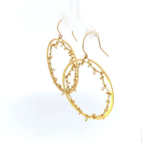 18K Yellow Gold Pearl Chain Draped Circle Dangle Boho Earrings