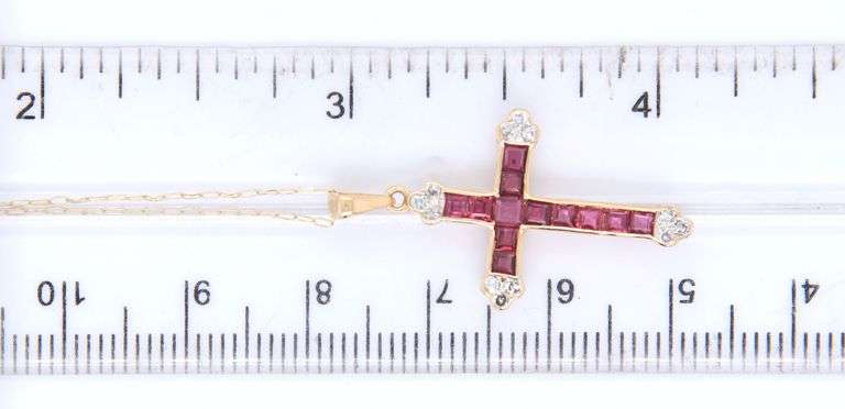 Elegant Yellow Gold Ruby and Diamond Cross Pendant on Chain Necklace