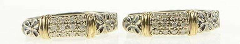 Sterling Silver Two Tone Pave Diamond Oval Hoop Earrings
