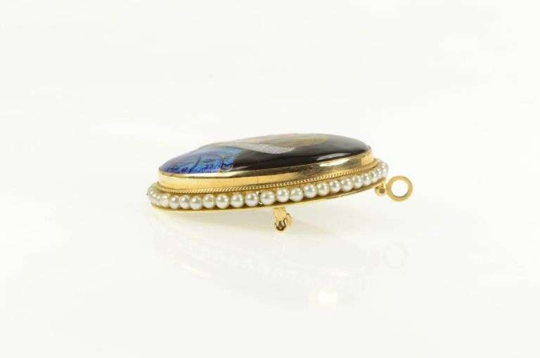 14K Yellow Gold R Blancher Limoges Ornate Pearl Oval Pendant/Pin