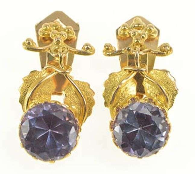 14K Yellow Gold Victorian Amethyst Leaf Dangle Clip Back Earrings