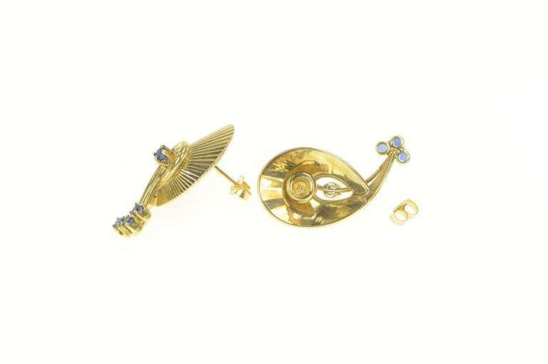 14K Yellow Gold 1960's Sapphire Ornate Grooved Swirl Drop Earrings