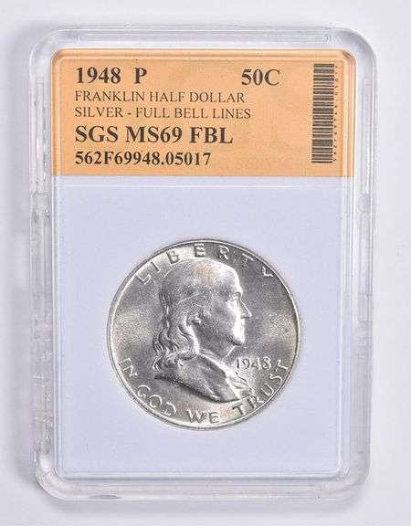 MS69 FBL 1948-P Franklin Silver Half Dollar Full Bell Lines SGS