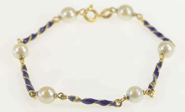 18K Yellow Gold Pearl Blue Enamel Twist Bar Statement Bracelet