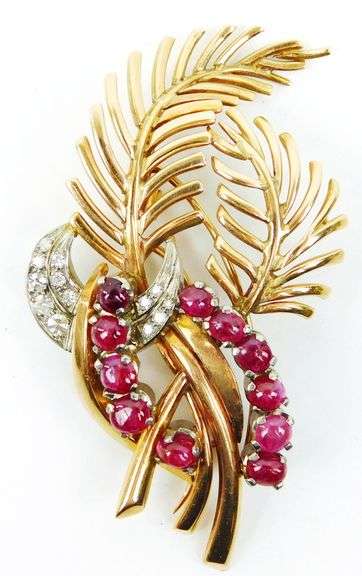 Incredible 18K Gold Rubies & Diamonds Early Fur Clip