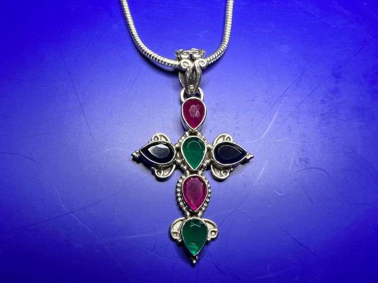 GORGEOUS 8.47 CT SAPPHIRE CROSS PENDANT WITH EMERALD AND RUBY ACCENT STONES