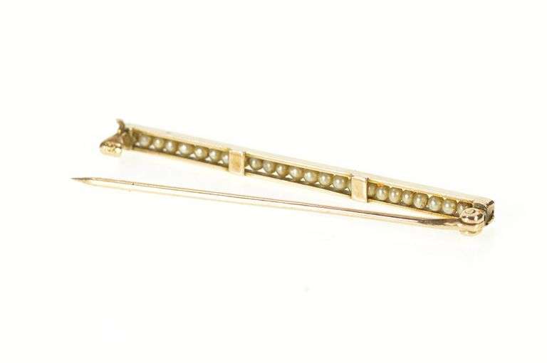 10K Yellow Gold Victorian Seed Pearl Inset Ornate Bar Pin/Brooch