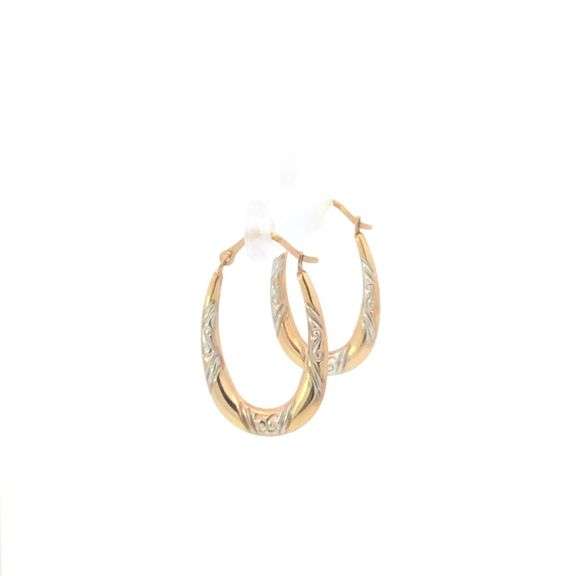 10K Yellow Gold 25.4mm Oval Puffy Two Tone Pattern Hoop Earrings