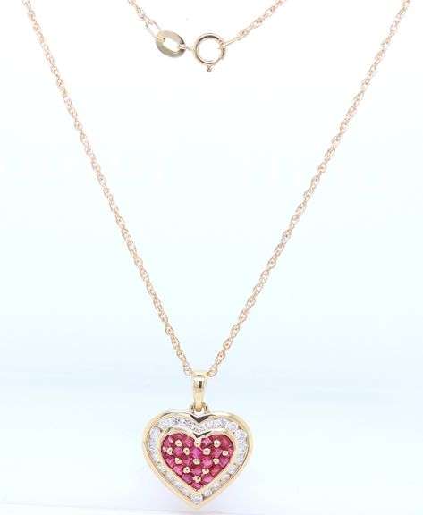 Gorgeous Yellow Gold Ruby and Diamond Heart Shaped Pendant on Chain Necklace