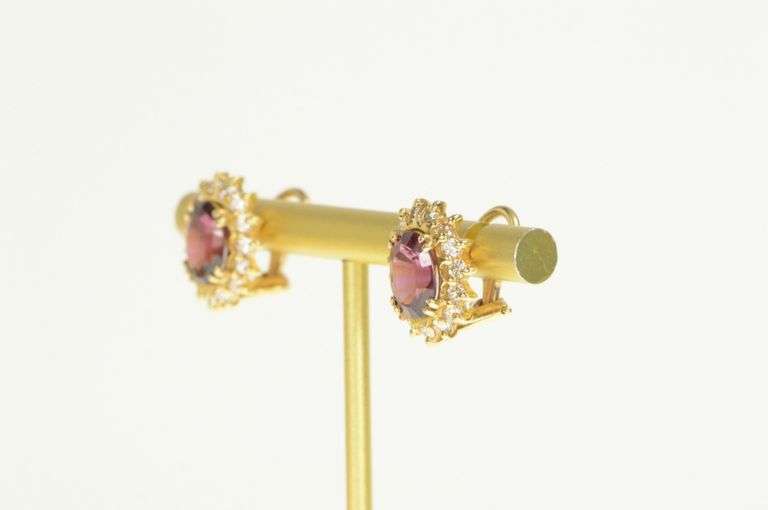 14K Yellow Gold 4.30 Ctw Rubellite Tourmaline Diamond Halo Earrings