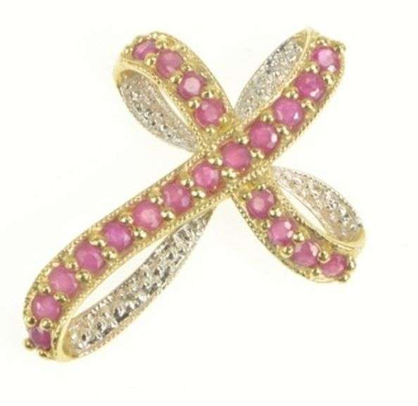 10K Yellow Gold Ruby Encrusted Diamond Accent Loop Cross Pendant