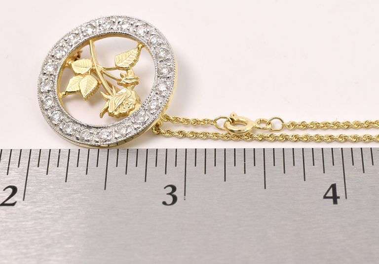 Astounding 14K Yellow Gold Diamond Rose Circle Pendant Necklace