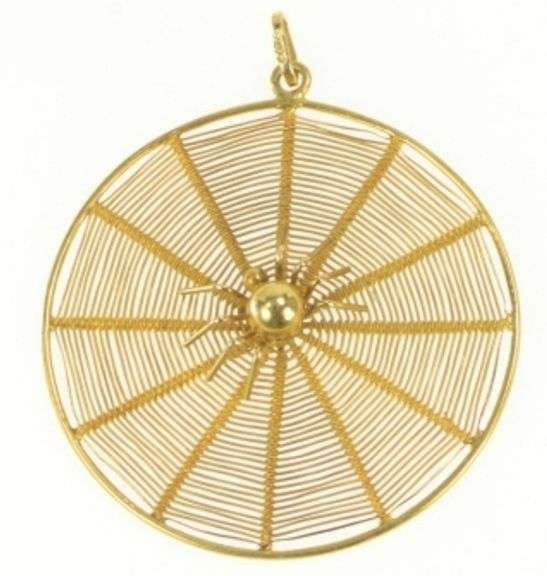 18K Yellow Gold 3D Elaborate Woven Spider Web Halloween Charm/Pendant