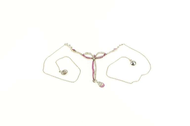 18K White Gold 5.00 Elaborate Art Deco Diamond Ruby Bow Necklace