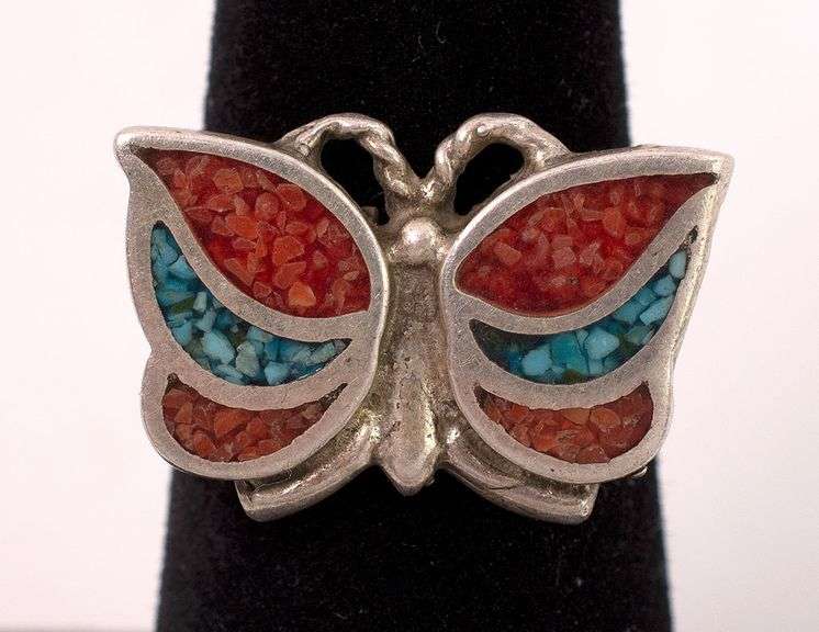 Sterling Silver Turquoise and Coral Butterfly Ring