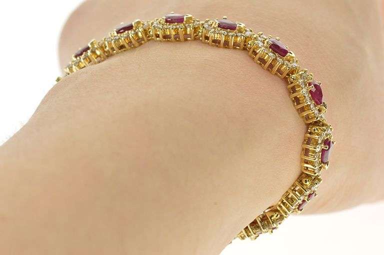 14K Yellow Gold 9.90 Ctw Pear Ruby Diamond Halo Tennis Bracelet