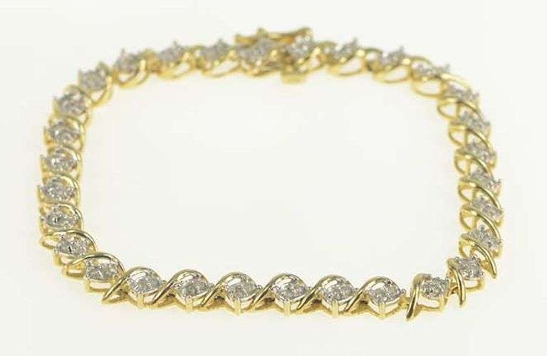 10K Yellow Gold Diamond Cluster Wave Link Classic Tennis Bracelet