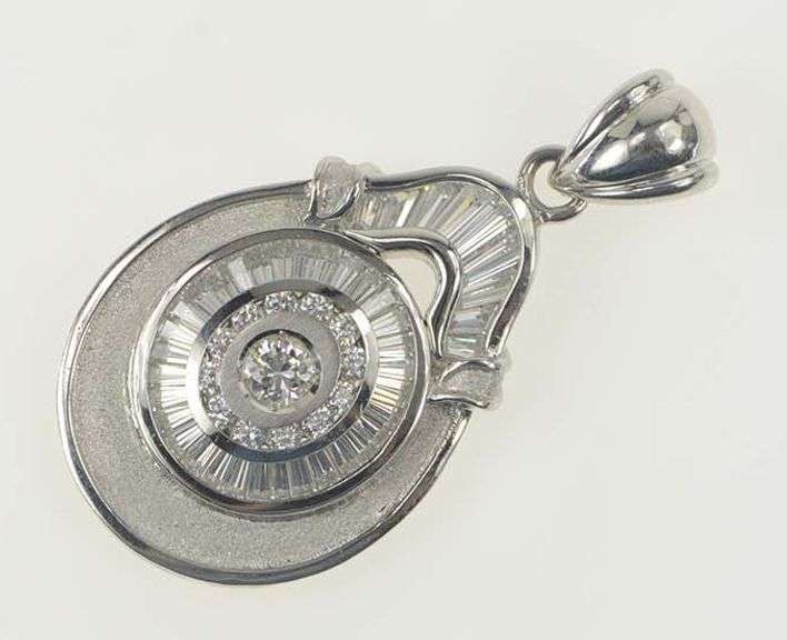 18K White Gold Tear Drop Baguette & Round Cluster CZ Pendant